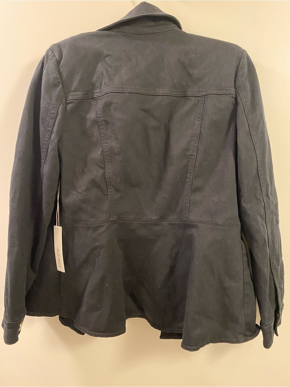 Chicos Black Peplum Denim Jacket NWT Sz 1 - Picture 2 of 7